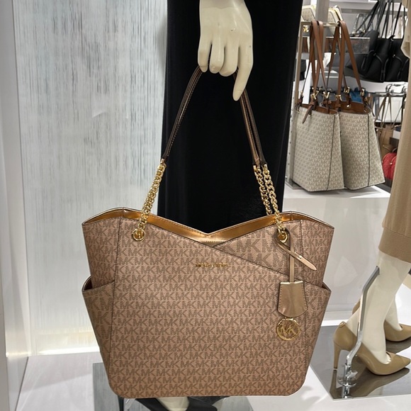 MICHAEL KORS LARGE X CHAIN SHOULDER TOTE BAG ROSE GOLD COLOR SIGNATURE - Picture 15 of 16